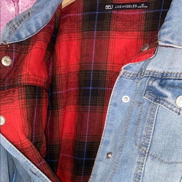 BBJ Los Angeles Women's Jacket Plaid Denim Jean Red Blue Flannel Medium Apparel - Picture 6 of 8